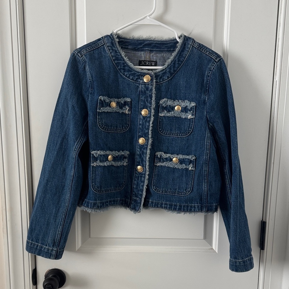 J. Crew Blue Denim Frayed Lady Day Jacket with Gold Buttons Size 8